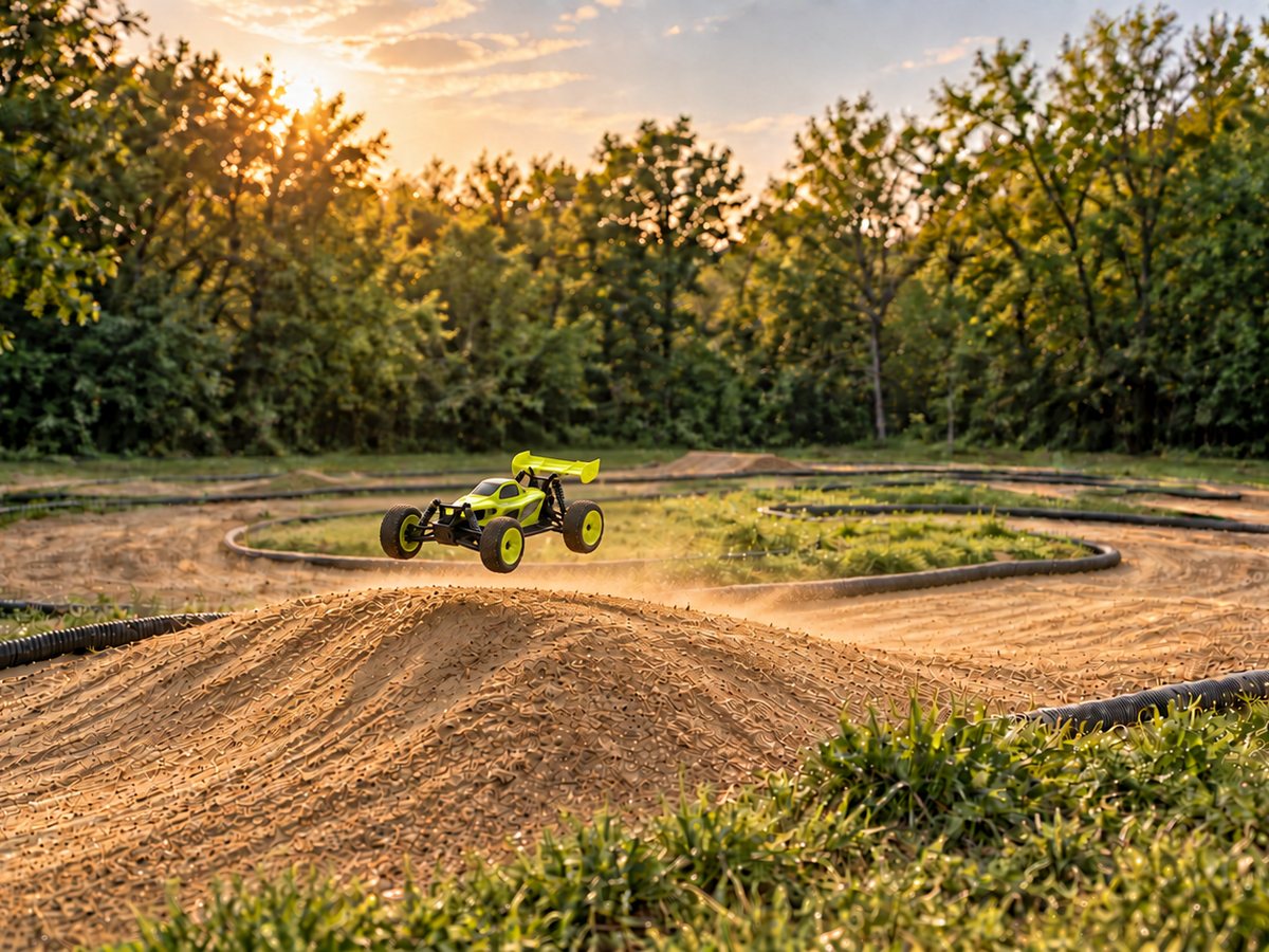 A buggy catching air off a jump on the club's off-road RC track at golden hour, with the woods behind